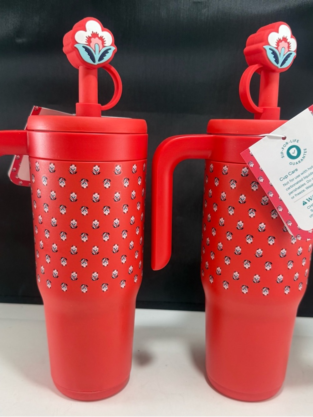 24 oz Vera Bradley Red Floral Patterned Travel Mug Flower Straw Stopper set of 2 - Picture 2 of 11
